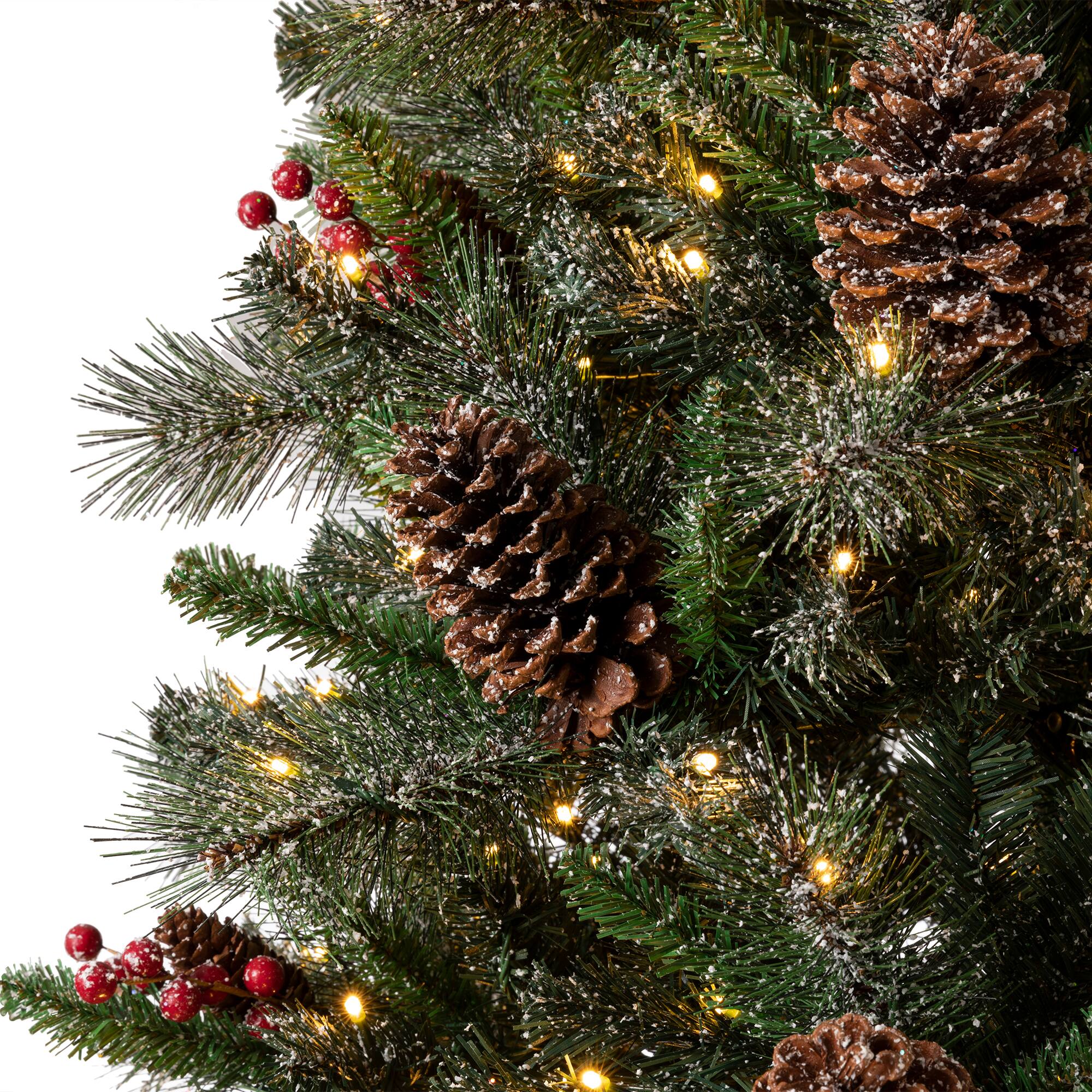 2 Pack 4ft. Pre-Lit Flocked Pinecone & Berry Fir Artificial Christmas Tree in Planter, Warm White Lights